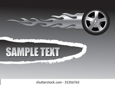 flaming tire on ripped banner