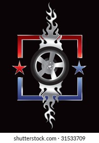 flaming tire on star background