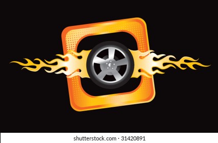 flaming tire on tilted banner