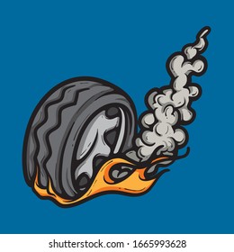 Flaming Tire Spinning Fast With Smoke And Fire Illustration. Vector Racing Concept Isolated.