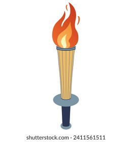 Flaming torch. Cartoon torch withe flame. Burning fire or flame. Sport fire sign. Competitions, athletic, champion, sports game or freedom torches with flames icon.