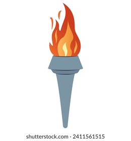 Flaming torch. Cartoon torch withe flame. Burning fire or flame. Sport fire sign. Competitions, athletic, champion, sports game or freedom torches with flames icon.