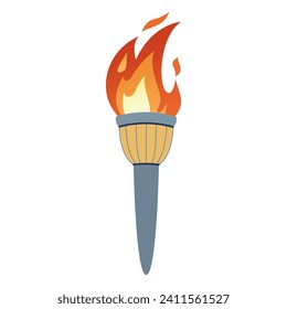 Flaming torch. Cartoon torch withe flame. Burning fire or flame. Sport fire sign. Competitions, athletic, champion, sports game or freedom torches with flames icon.