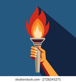 Flaming torch in hand icon on blue background. Illustration.
