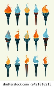 Flaming torch icons collection. Cartoon torch with flame. Burning fire or flame. Sport fire sign. Competitions, athletic, champion, sports game or freedom torches with flames icon. Vector illustration