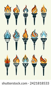Flaming torch icons collection. Cartoon torch with flame. Burning fire or flame. Sport fire sign. Competitions, athletic, champion, sports game or freedom torches with flames icon. Vector illustration