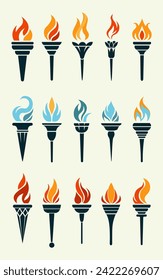 Flaming torch icons collection. Cartoon torch with flame. Burning fire or flame. Sport fire sign. Competitions, athletic, champion, sports game or freedom torches with flames icon. Vector illustration