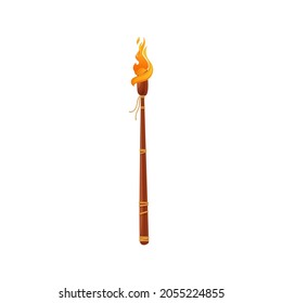 Flaming torch on wooden handle isolated flat cartoon icon. Vector burning ignite with fire, symbol of olympic paralympic games, olympiad mascot. Bright lit on stick, honor, freedom and achievement