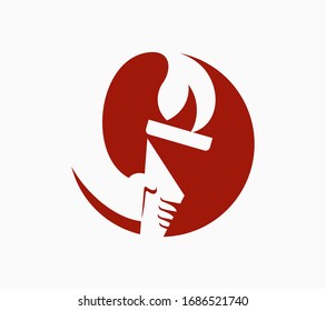 Flaming torch in people hand for sports concept design. Vector design template in negative space.