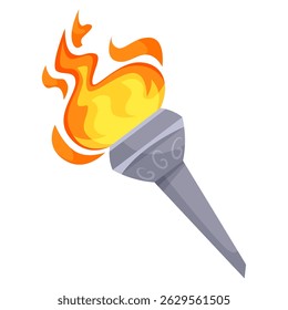 Flaming torch with stylized fire and gray handle, cartoon style on white background. Concept of victory, freedom, and celebration. Vector illustration