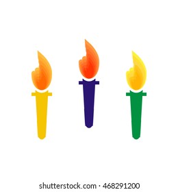 Flaming Torches Isolated On White Background.Vector Illustration. Olimpic Fire.Symbol Of Olympic Games.Flambeau Flat Style Logo.Cresset Sign.Colors Of Brazil Flag.Colorful Emblem Victory Flame Symbol 