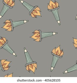Flaming torches red seamless pattern background of ancient greek torches with curls of glowing flame. May be use as sport, history, religion theme design
