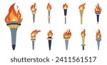 Flaming torches set. Cartoon torch withe flame. Burning fire or flame. Sport fire sign. Competitions, athletic, champion, sports game or freedom torches with flames icon.
