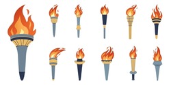 Flaming Torches Set. Cartoon Torch Withe Flame. Burning Fire Or Flame. Sport Fire Sign. Competitions, Athletic, Champion, Sports Game Or Freedom Torches With Flames Icon.