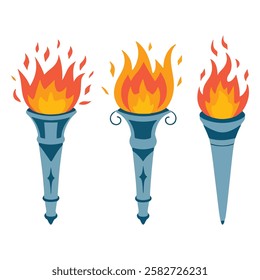 Flaming Torches Set Cartoon Torch with Flame, Burning Fire for Sports, Competitions