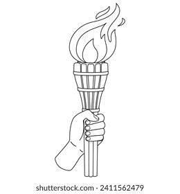 Flaming torchs. Cartoon hand holding a torch withe flame. Burning fire or flame. Sport fire sign. Black and white. Art therapy Coloring page. Vector illustration.