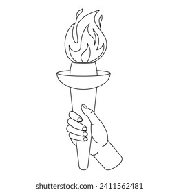 Flaming torchs. Cartoon hand holding a torch withe flame. Burning fire or flame. Sport fire sign. Black and white. Art therapy Coloring page. Vector illustration.