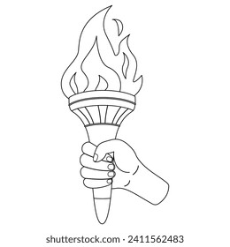 Flaming torchs. Cartoon hand holding a torch withe flame. Burning fire or flame. Sport fire sign. Black and white. Art therapy Coloring page. Vector illustration.