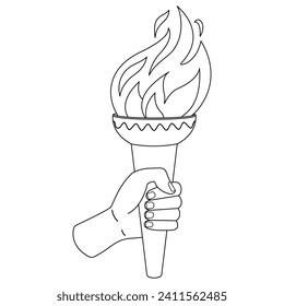 Flaming torchs. Cartoon hand holding a torch withe flame. Burning fire or flame. Sport fire sign. Black and white. Art therapy Coloring page. Vector illustration.