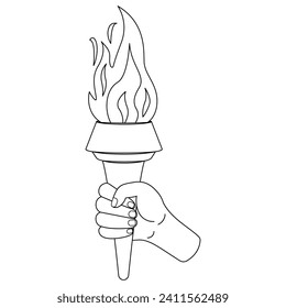 Flaming torchs. Cartoon hand holding a torch withe flame. Burning fire or flame. Sport fire sign. Black and white. Art therapy Coloring page. Vector illustration.