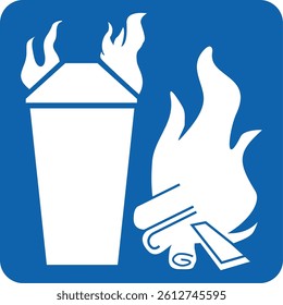 a flaming trash bin and burning wood logs on a blue background, suggesting fire hazards or incineration