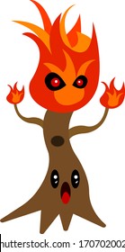 Flaming tree trunk cartoon character screaming in fright concept of forest fires and nature object on a white background
