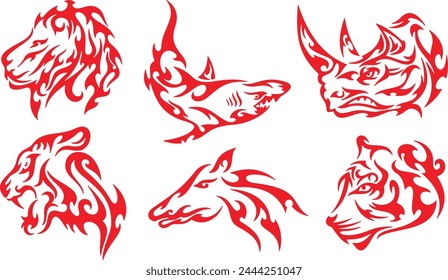 Flaming tribal animals vector illustrations, great for vehicle graphics, stickers and T-shirts. Cartoon mascots, ready for vinyl cutting. Lion King, lioness, tiger, leopard, shark, horse, rhinoceros.