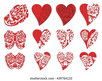 Flaming twirled dragon and hearts. Set of the flaming tribal dragon hearts for your design 
