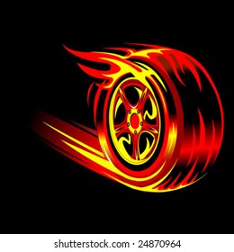 flaming vector wheel in black background. Speed and racing concept