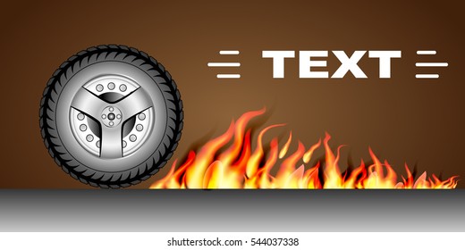 flaming wheel in brown background, fiery racing tire