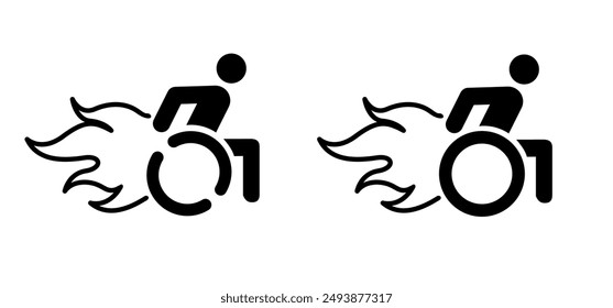 Flaming wheelchair. Wheelchair with flames. Wheelchair race or wheelchair racing icon. Fire sport logo. Game sports and wheelchairs.