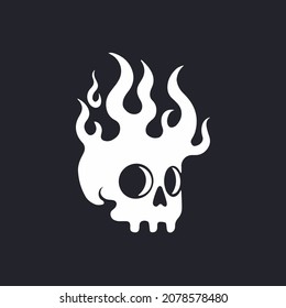 Flaming White Skull Symbol Logo on Black Background. Tribal Decal Stencil Tattoo Design. Flat Vector Illustration.