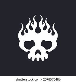 Flaming White Skull Symbol Logo on Black Background. Tribal Decal Stencil Tattoo Design. Flat Vector Illustration.