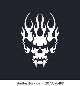 Flaming White Skull Symbol Logo on Black Background. Tribal Decal Stencil Tattoo Design. Flat Vector Illustration.