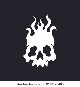 Flaming White Skull Symbol Logo on Black Background. Tribal Decal Stencil Tattoo Design. Flat Vector Illustration.