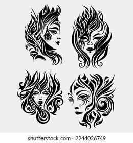 Flaming woman face on White Background. Tribal Stencil Tattoo Design Concept. Flat Vector Illustration.