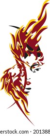 Flaming women style. The face of a young woman with a hairstyle in the shape of a flame on a white background for your creative ideas, logos, prints, textiles, tattoos, wallpapers, etc.