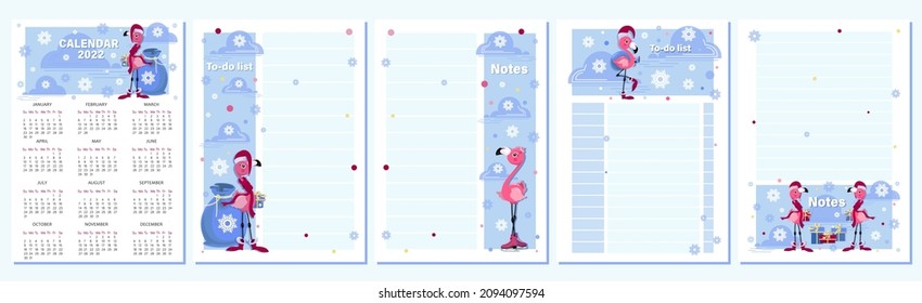 Flamingo 2022. Calendar organizer. To Do List, note. Vector cartoon character for childrens planning