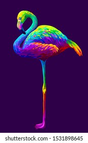 Flamingo. Abstract, Artistic, Multi-colored Image Of A Flamingo On A Dark Purple Background In Pop Art Style.