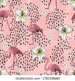 Flamingo with Abstract Shapes and Flowers Vector Seamless Pattern