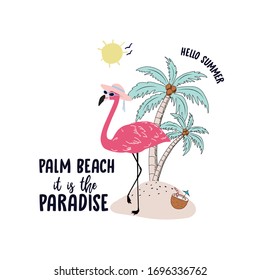 flamingo animal beach palm tropik sun tee illustration art vector