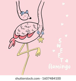 flamingo animal heart text line star girl tee illustration art vector