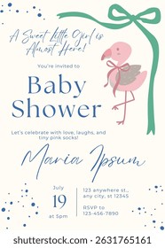 Flamingo baby shower party invitation template vector illustration. Baby shower girl invitation card design. New born celebration.