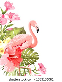 Flamingo background design. Tropical flowers illustration. Fashion summer print for wrapping, fabric, invitation card and your template design. Vector illustration.
