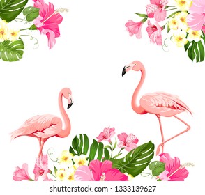 Flamingo background design. Tropical flowers illustration. Fashion summer print for wrapping, fabric, invitation card and your template design. Vector illustration.