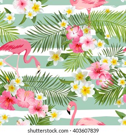 Flamingo Background. Tropical Flowers. Seamless Pattern. Vector.