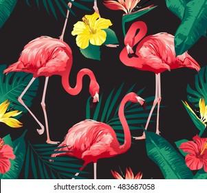 Flamingo Background. Tropical Flowers Background. Seamless Pattern. Vector.