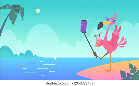 Flamingo background. Tropical landscape horizon with exotic pink birds exact vector illustrations