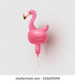 Flamingo balloon isolated on transparent background. Pink inflatable tropical bird ballon. Vector 3d summer flamingo icon. 