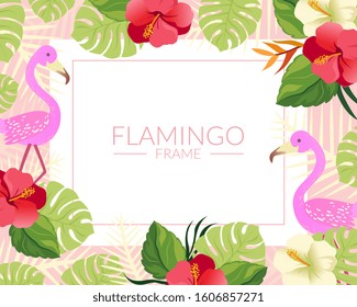 Flamingo Banner Template with Cute Tropical Exotic Birds and Palm Leaves Vector illustration